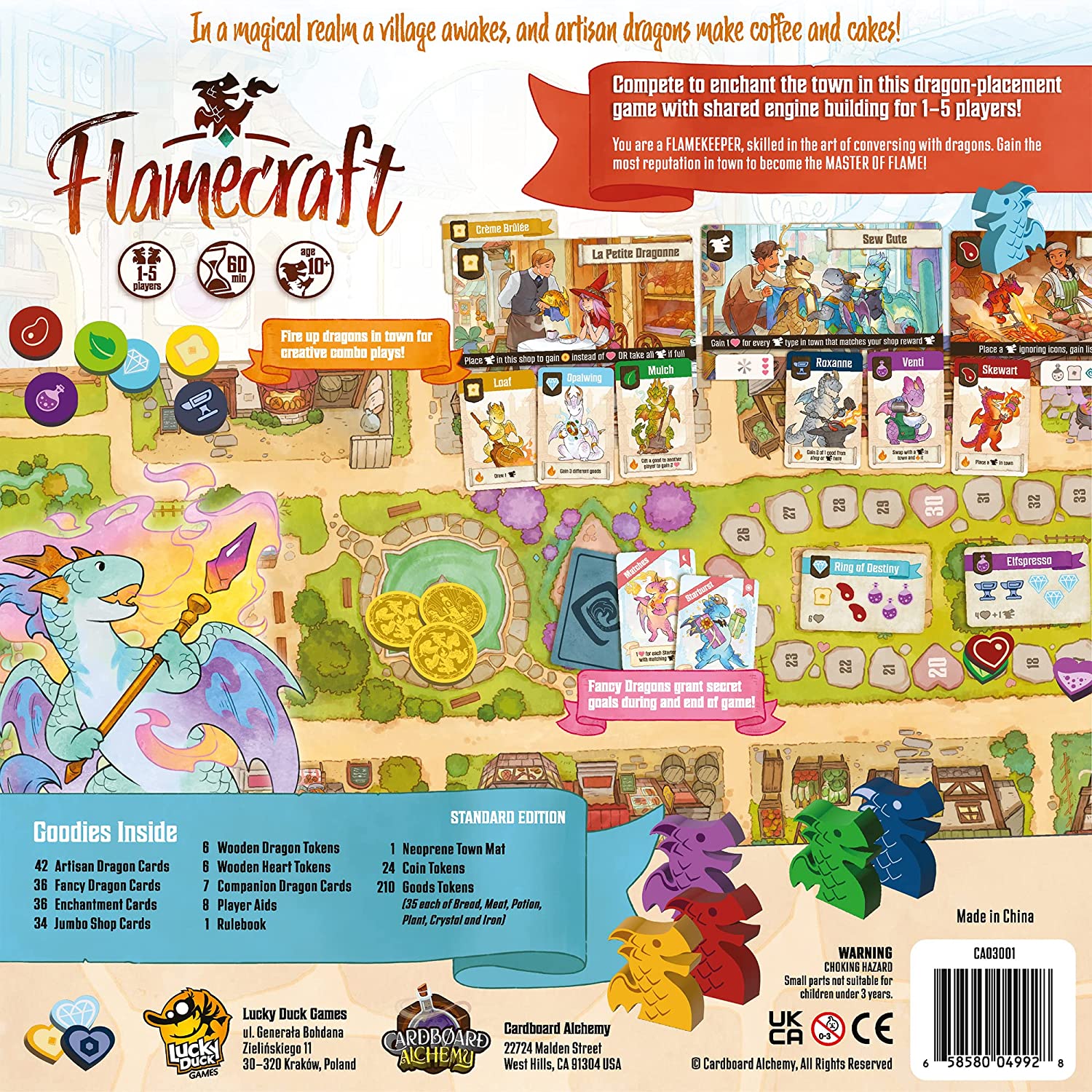 Flamecraft Board game back of box and contents cute blue dragon